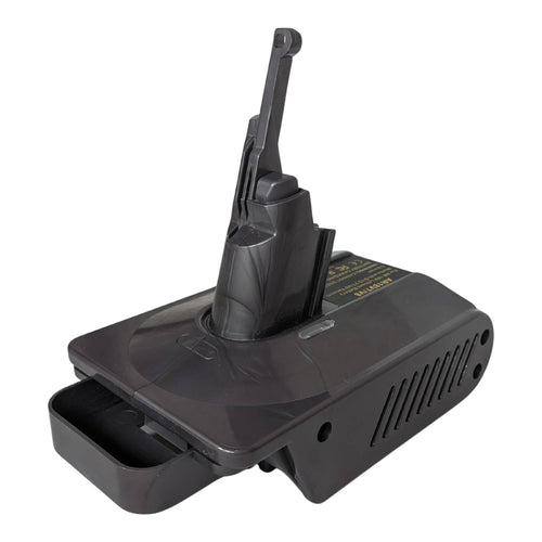 AEG 18V to Dyson V8 battery adapter - Dyson tool-side stem with hooked latch, vented flank, battery-side pocket at the front