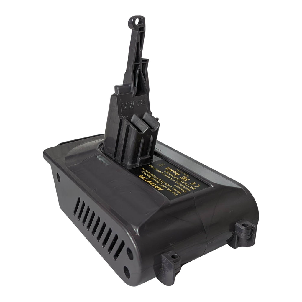 AEG 18V to Dyson V8 battery adapter - Dyson tool-side stem above the printed label, louvred vent panel and two screw bosses