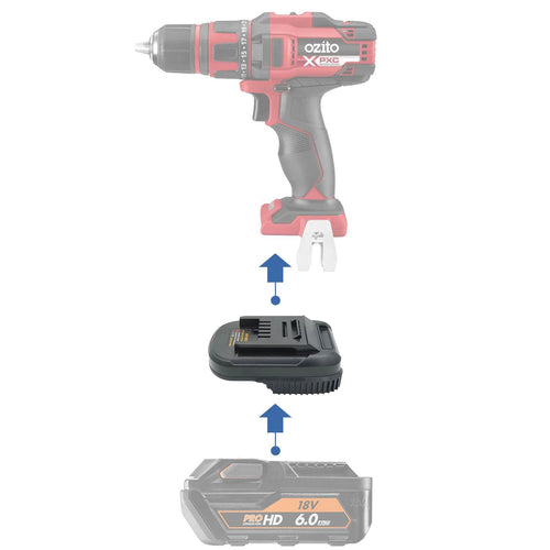 AEG 18V to Ozito 18V PXC battery adapter - compatibility diagram showing battery, adapter and drill driver