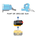 DeWalt 20V MAX to MacNaught 18V battery adapter - compatibility diagram showing battery, adapter and pump or grease gun