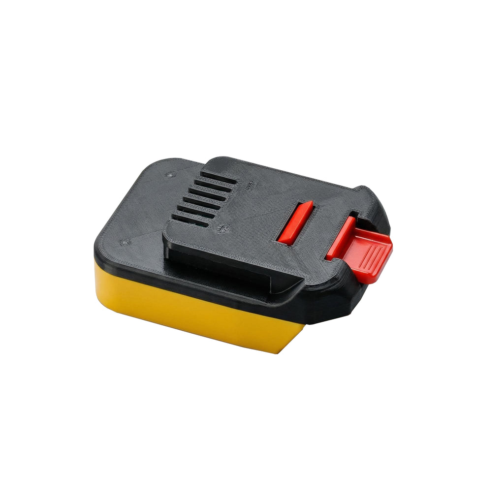 DeWalt 20V MAX to MacNaught 18V battery adapter - MacNaught tool-side plate and release catch over the yellow body