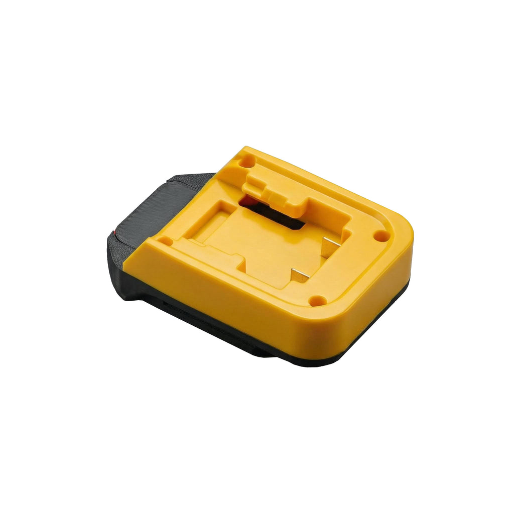 DeWalt 20V MAX to MacNaught 18V battery adapter - battery-side connection with twin copper blade terminals and rail channel
