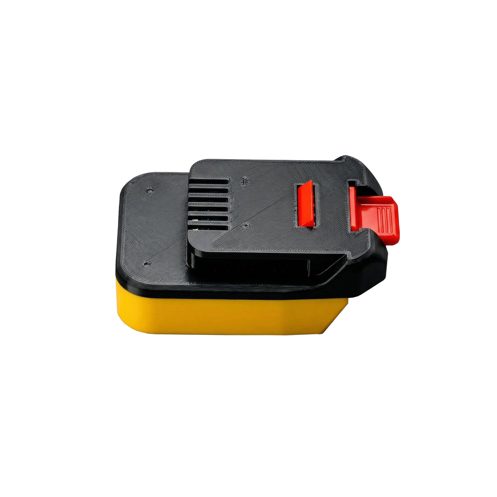 DeWalt 20V MAX to MacNaught 18V battery adapter - MacNaught tool-side plate above the yellow body, release catch at the right