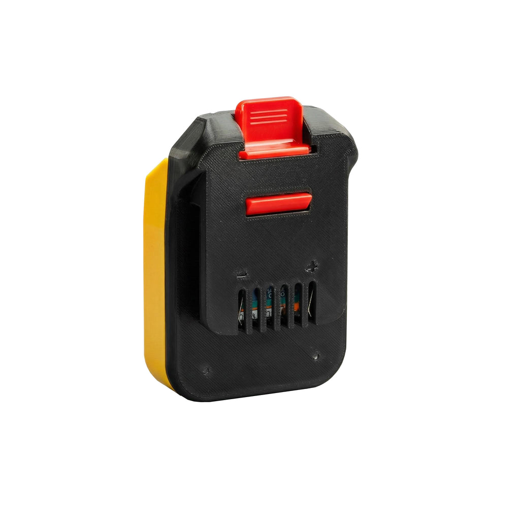 DeWalt 20V MAX to MacNaught 18V battery adapter - MacNaught tool-side connection with terminal slots and polarity marks