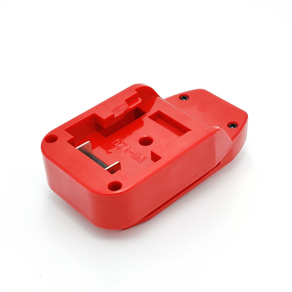 DeWalt 20V MAX to Stanley V20 battery adapter - red battery-side connection with twin blade terminals and the moulded channel