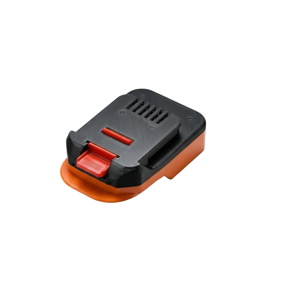 RIDGID 18V to MacNaught 18V battery adapter - three-quarter view, MacNaught tool-side connection over the orange body