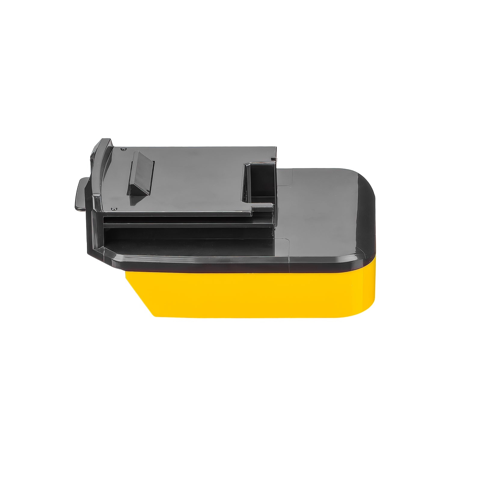 Bauer 20V to Porter Cable 18V Ni-Cd battery adapter - side view, black tool-side rails above the yellow body