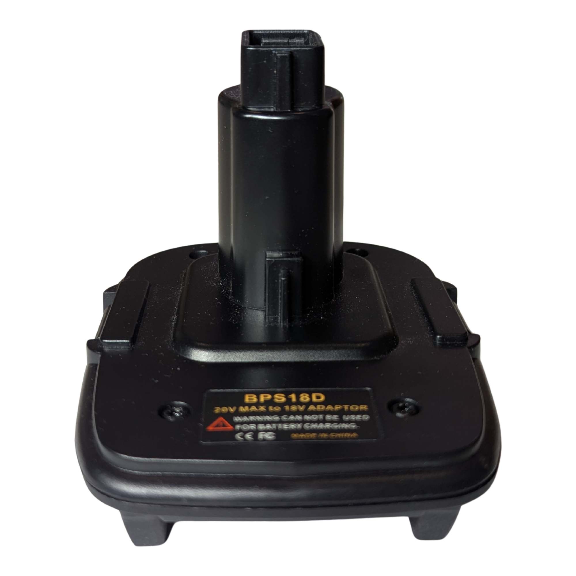 Black and Decker 20V to DeWalt 18V Ni-Cd battery adapter - front view with the tool-side post above the body