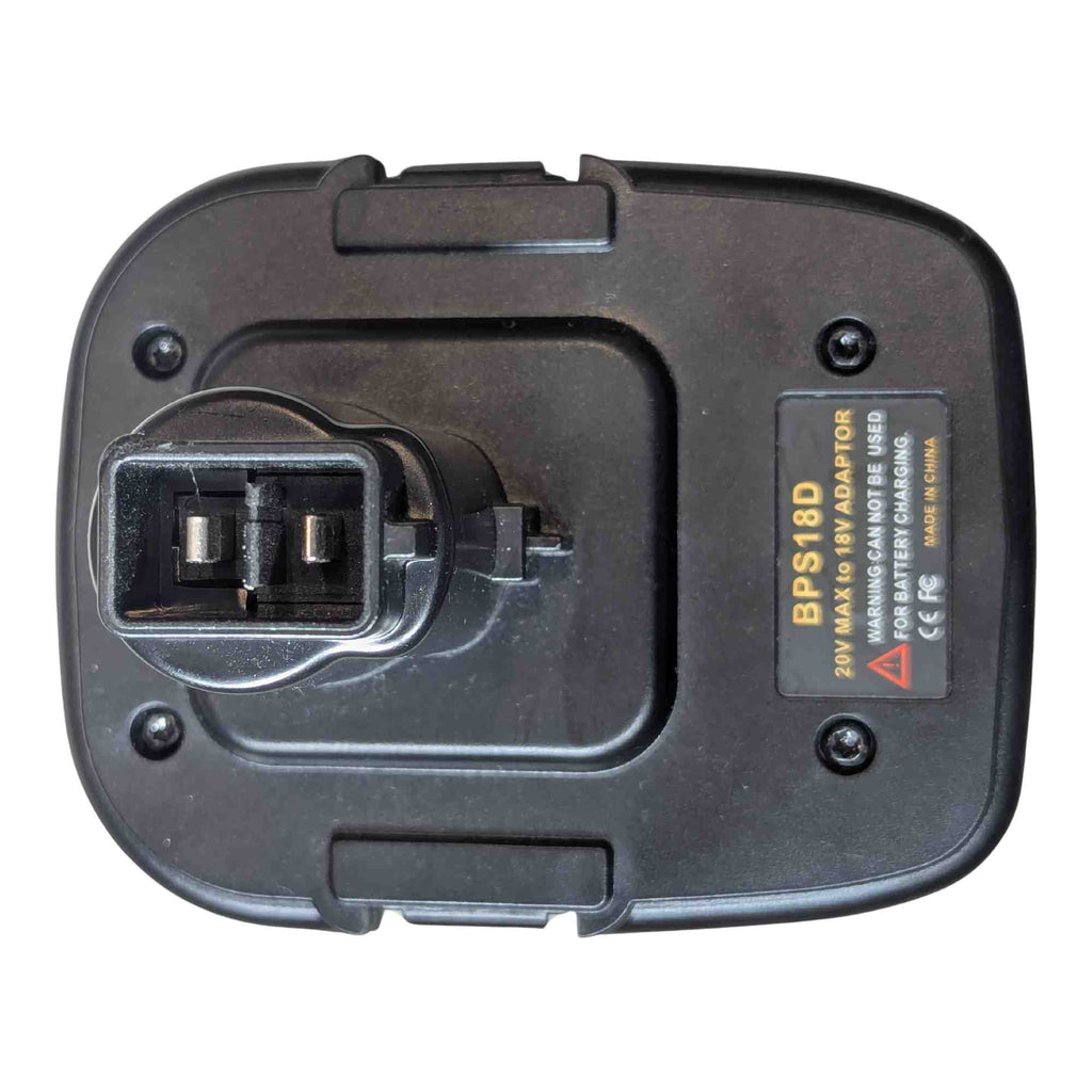 Black and Decker 20V to DeWalt 18V Ni-Cd battery adapter - top view of the tool-side socket, twin copper contacts