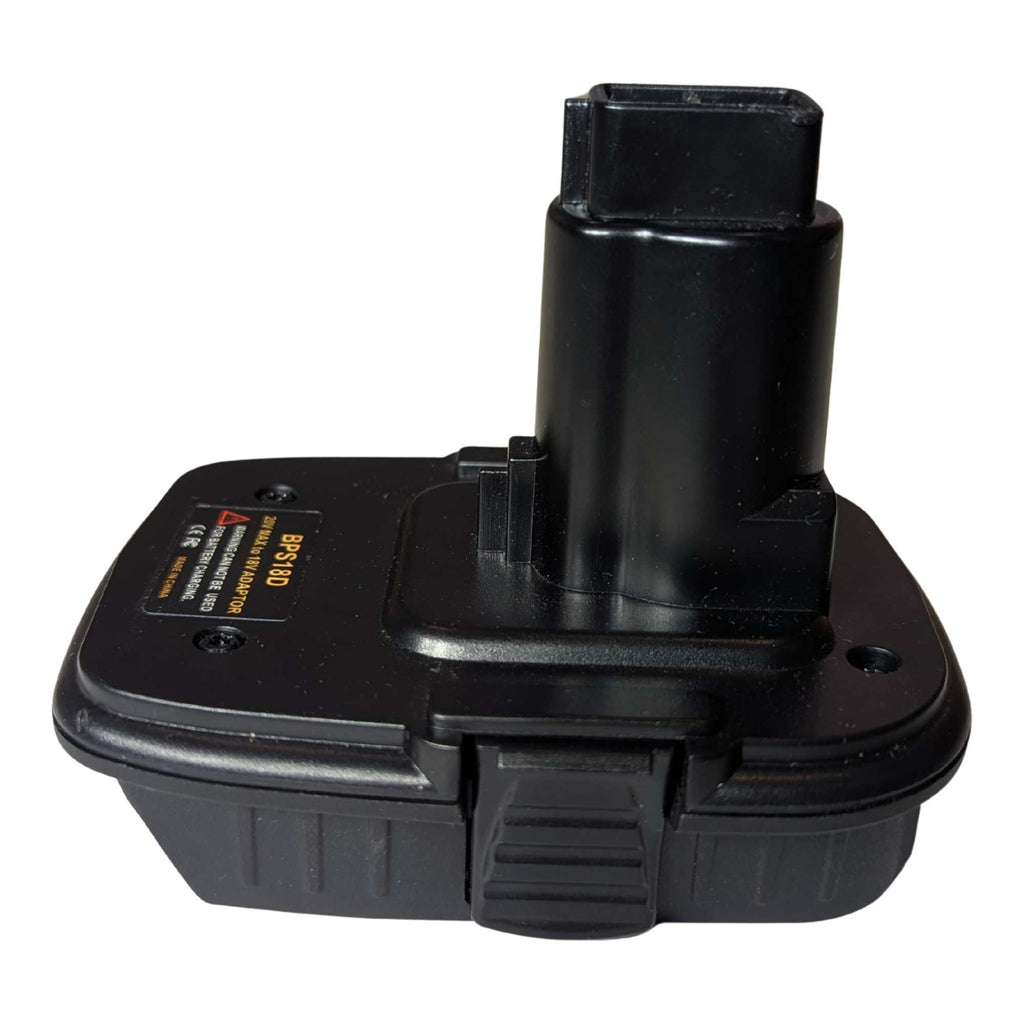 Black and Decker 20V to DeWalt 18V Ni-Cd battery adapter - tool-side post rising from the body, release latch at the front