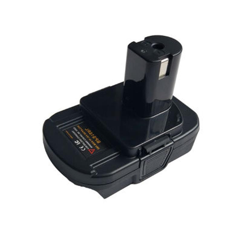 Black and Decker 20V to Ryobi 18V ONE+ battery adapter - Ryobi tool-side post and copper contact, rating label on the body