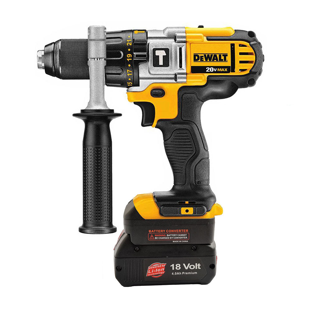 Bosch 18V GBA (Blue) to DeWalt 20V MAX battery adapter - installed on a DeWalt hammer drill with side handle and battery