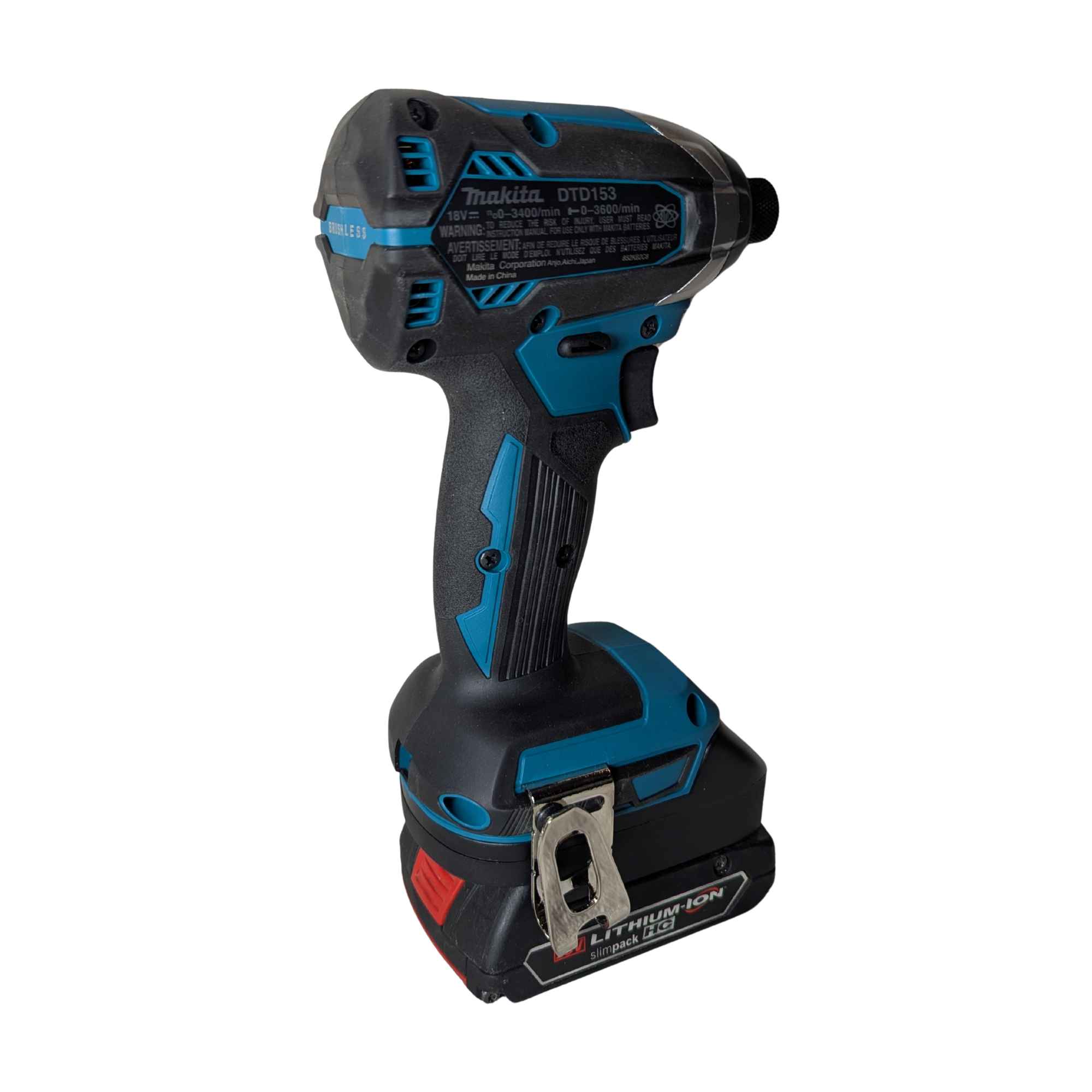 Bosch 18V GBA (Blue) to Makita 18V LXT battery adapter - installed on an impact driver with the battery below, rear view