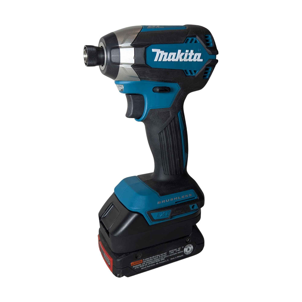 Bosch 18V GBA (Blue) to Makita 18V LXT battery adapter - installed on an impact driver with the battery below, front view