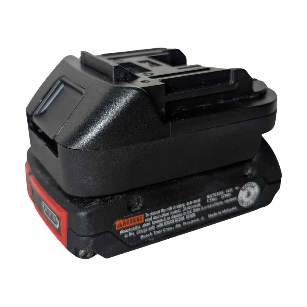 Bosch 18V GBA (Blue) to Makita 18V LXT battery adapter - fitted to the Bosch 18V GBA (Blue) battery, Makita tool side upward