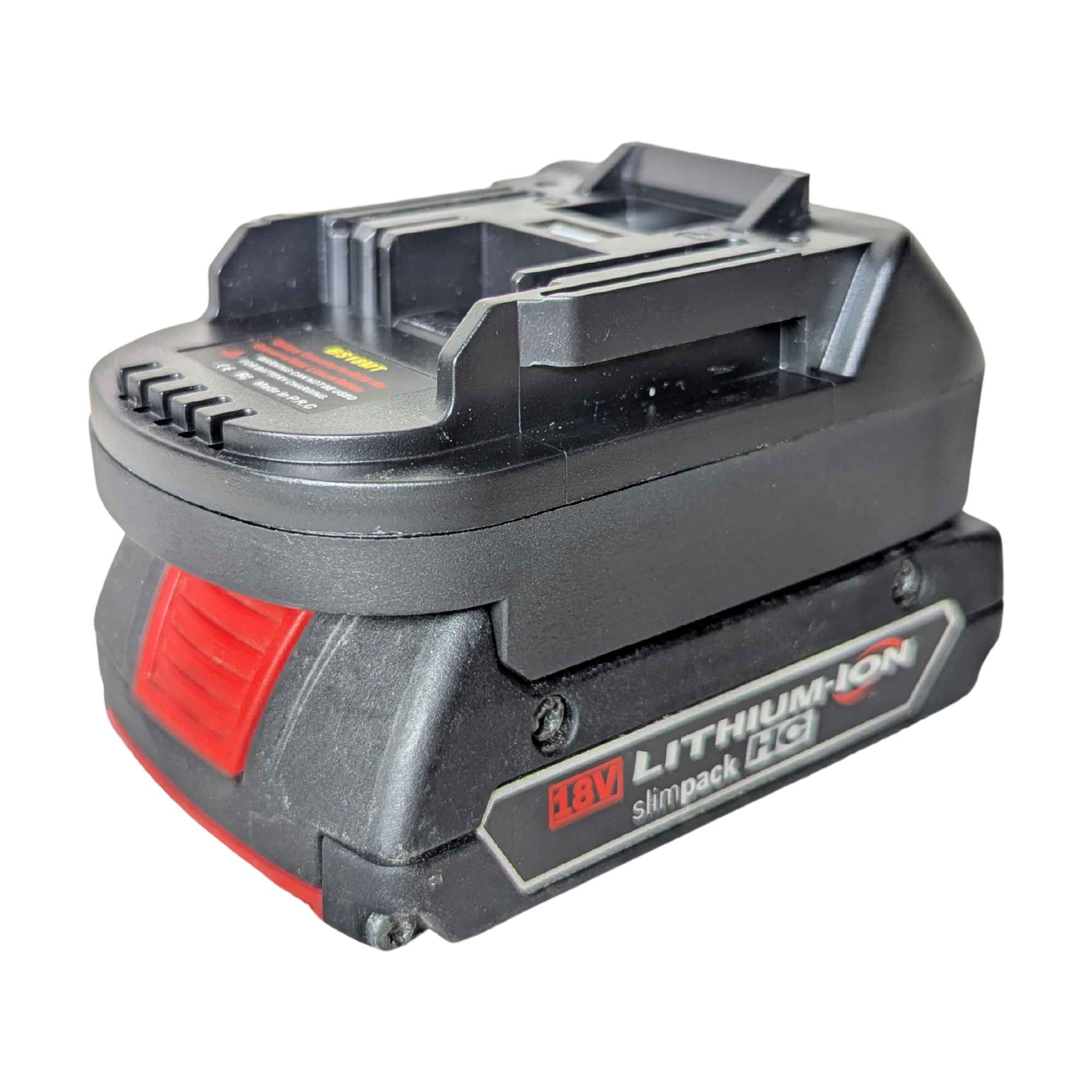 Bosch 18V GBA (Blue) to Makita 18V LXT battery adapter - fitted to the Bosch 18V GBA (Blue) battery, Makita tool side upward