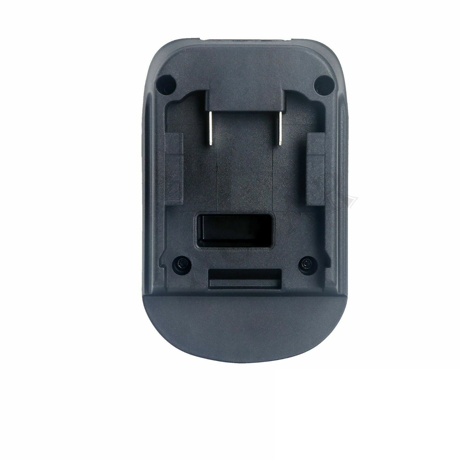 Bosch 18V GBA (Blue) to RIDGID Plumbing battery adapter - RIDGID tool-side connection face-on with twin blade terminals