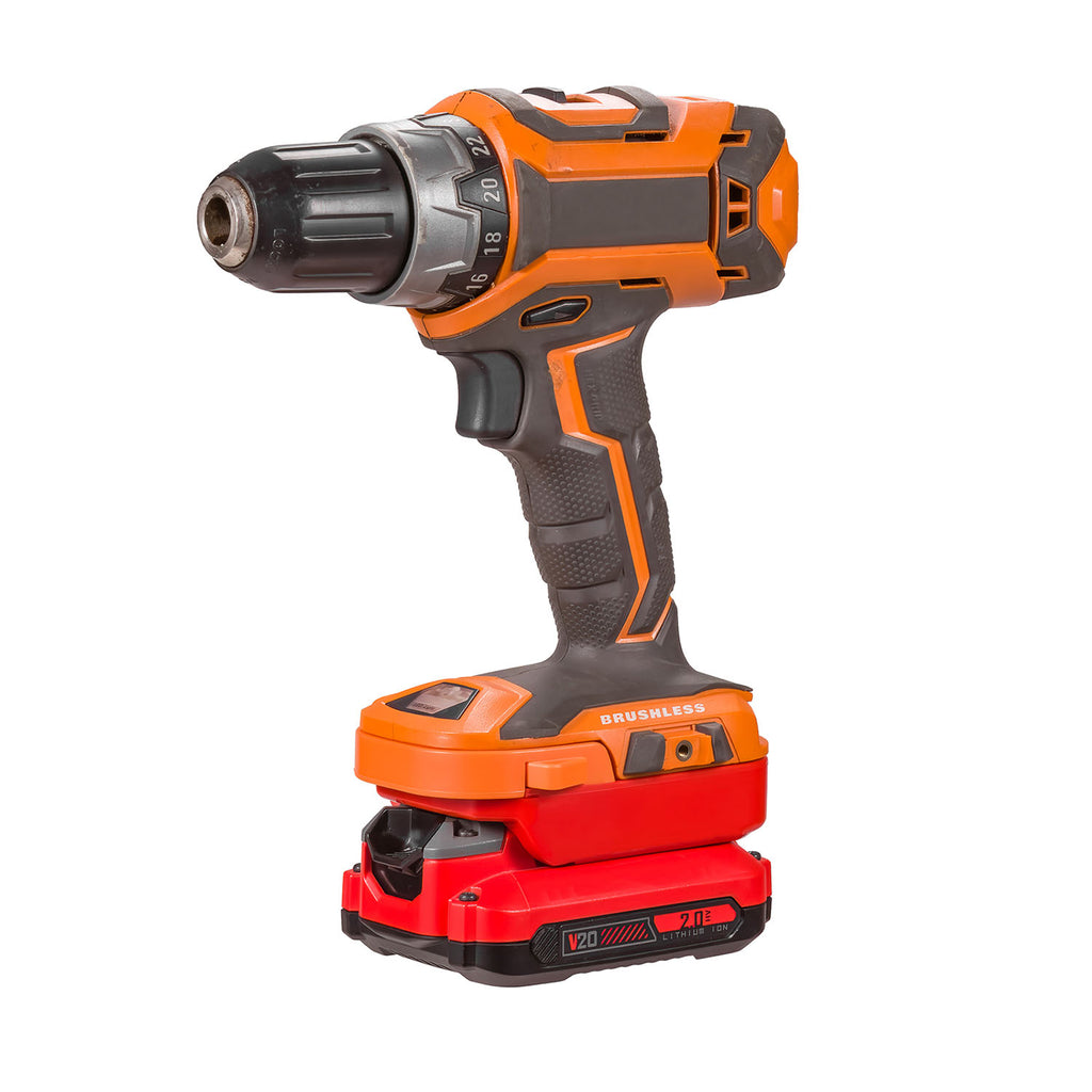 Craftsman 20V to RIDGID 18V battery adapter - three-quarter view, installed on a RIDGID drill above the battery