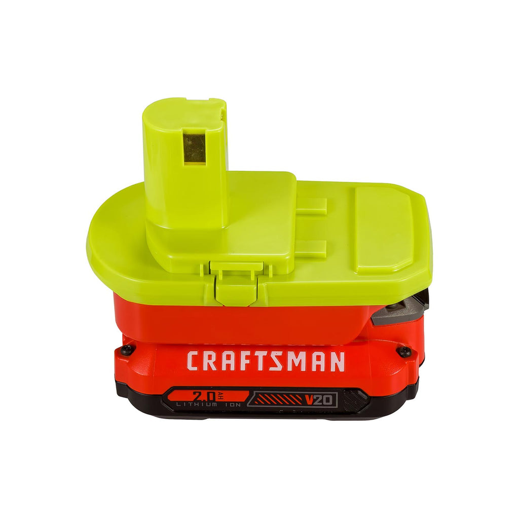 Craftsman 20V to Ryobi 18V ONE+ battery adapter - fitted to the Craftsman 20V battery, tool-side post upward, copper contacts