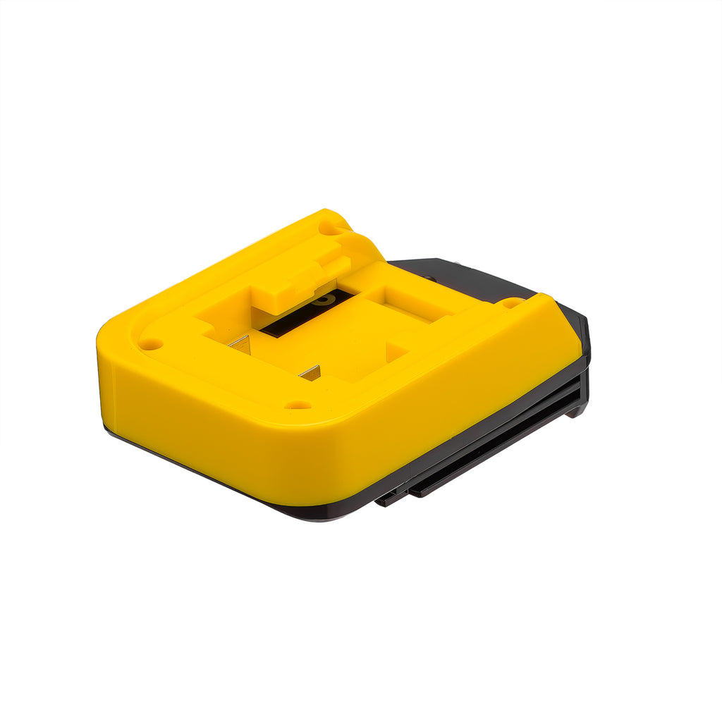 DeWalt 20V MAX to Porter Cable 18V Ni-Cd battery adapter - battery-side pocket in the yellow shell, black body behind