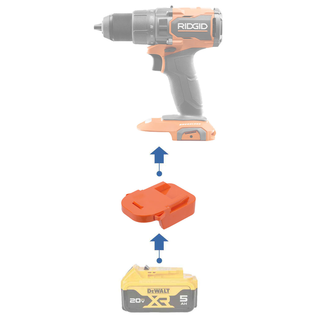 DeWalt 20V MAX to RIDGID 18V battery adapter - compatibility diagram showing battery, adapter and drill