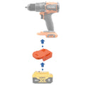 DeWalt 20V MAX to RIDGID 18V battery adapter - compatibility diagram showing battery, adapter and drill