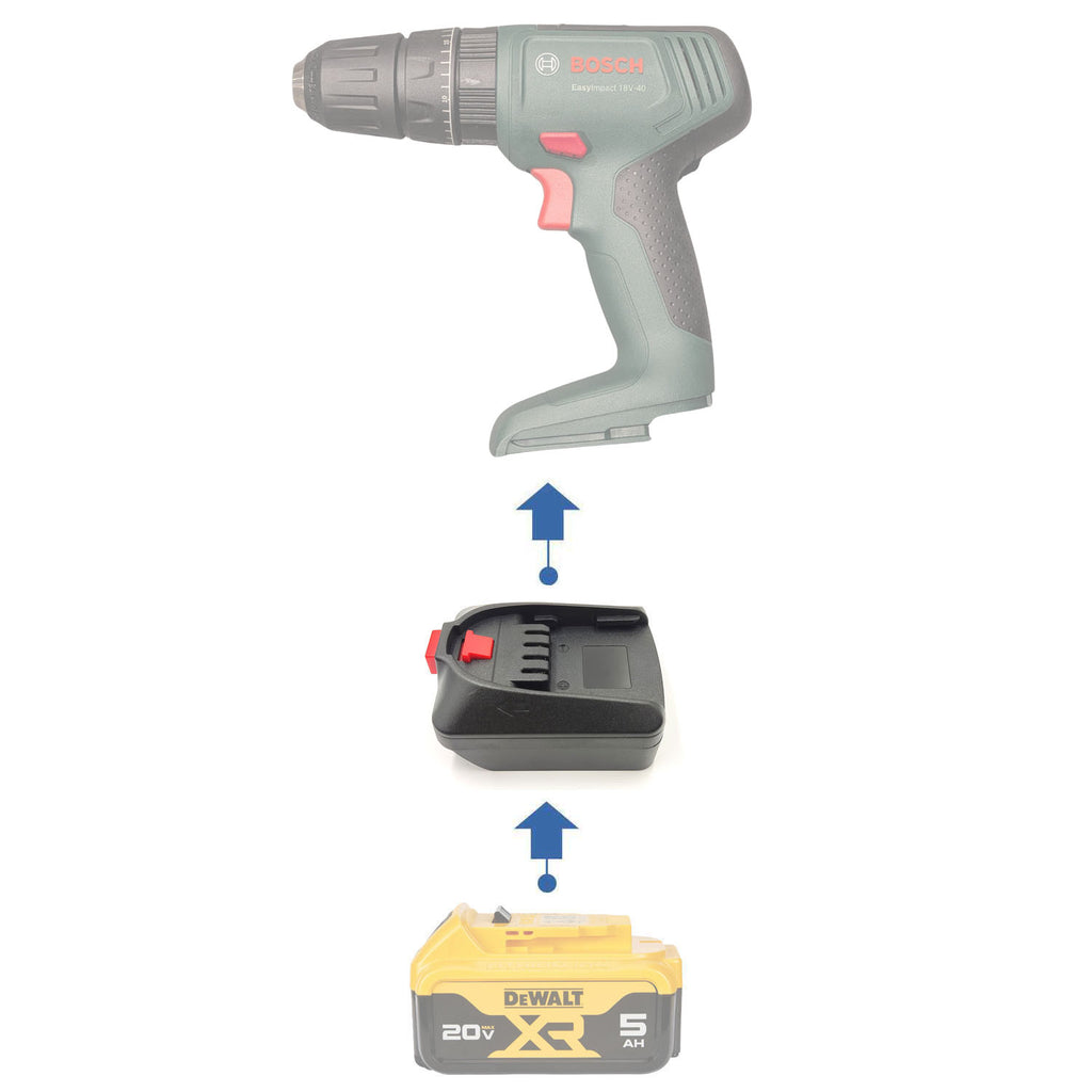 DeWalt 20V MAX to Bosch 18V PBA (Green) battery adapter - compatibility diagram showing battery, adapter and drill driver