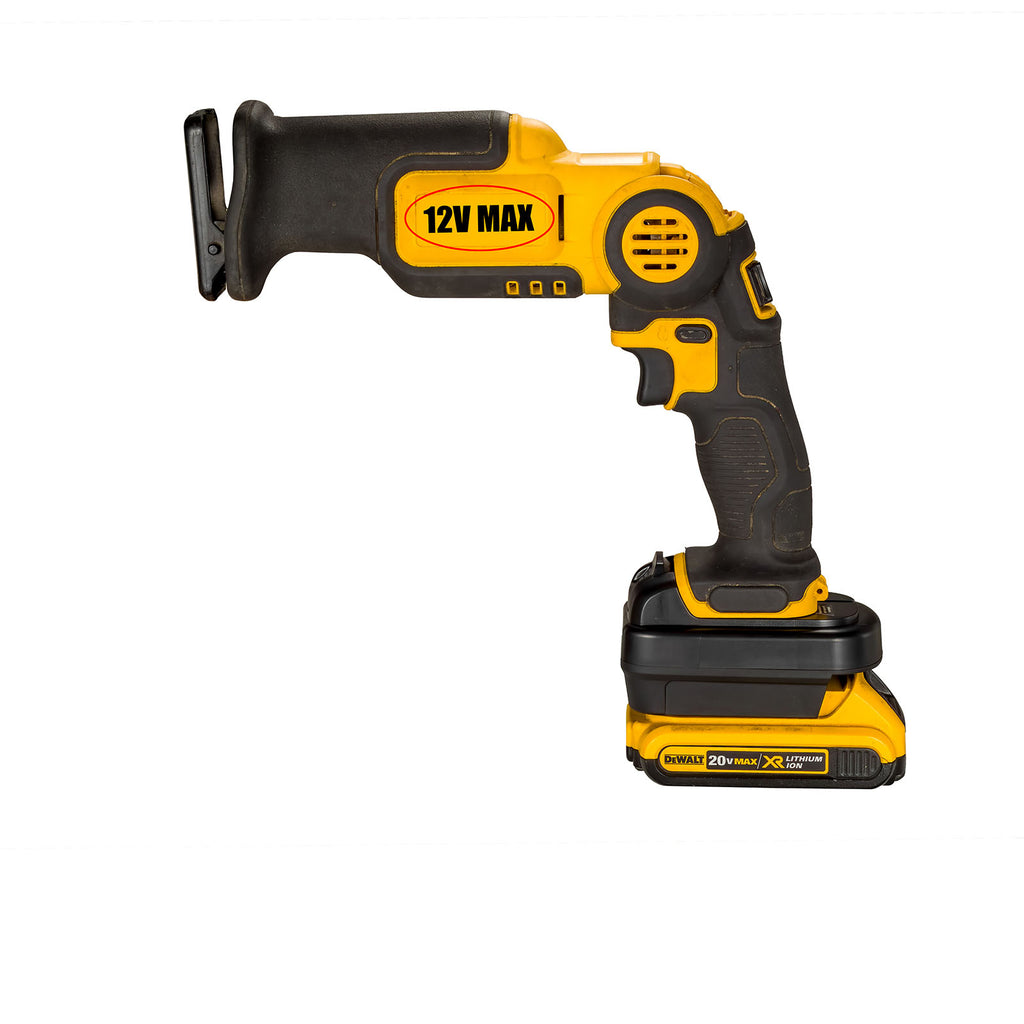 DeWalt 20V MAX to DeWalt 12V MAX battery adapter - installed on a cordless reciprocating saw, the battery fitted below