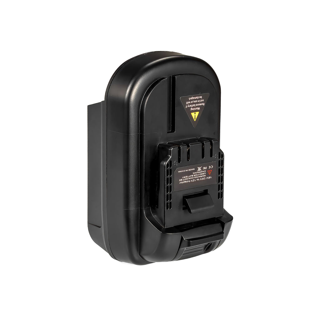 DeWalt 20V MAX to DeWalt 12V MAX battery adapter - 12V MAX tool-side connection, latch tab, terminal slots and printed label