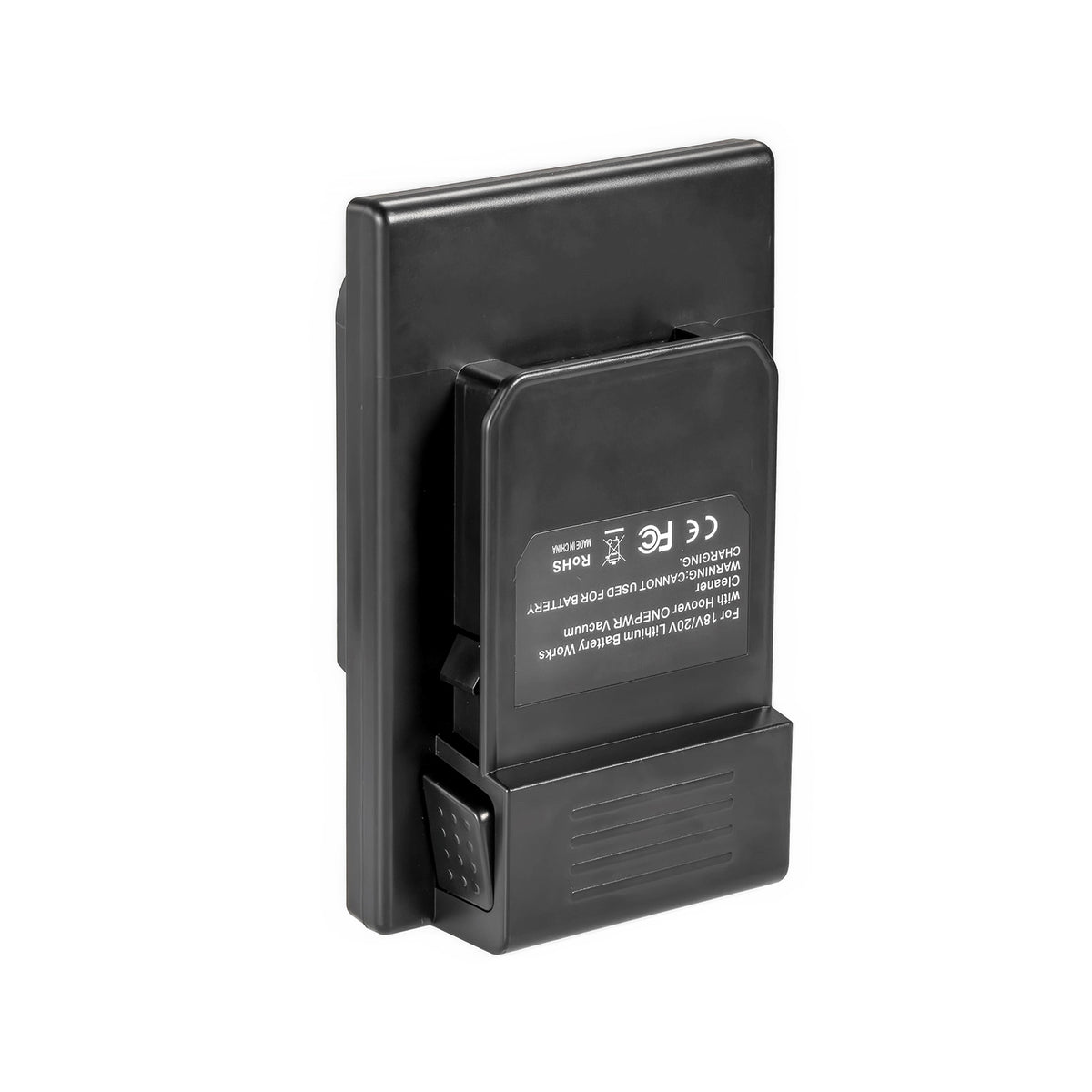 DeWalt 20V MAX to Hoover 20V ONEPWR battery adapter - Hoover ONEPWR tool-side connection, release button and printed label