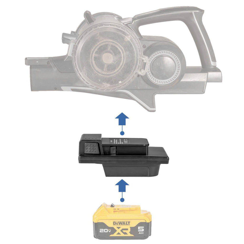 DeWalt 20V MAX to Hoover 20V ONEPWR battery adapter - compatibility diagram with cordless vacuum cleaner