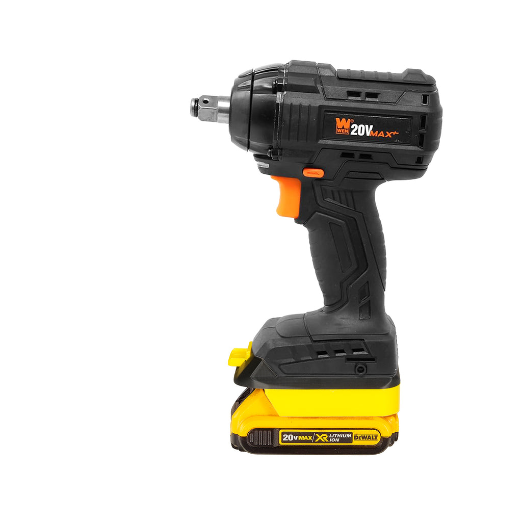 DeWalt 20V MAX to WEN 20V battery adapter - installed on an impact wrench, seated on the battery