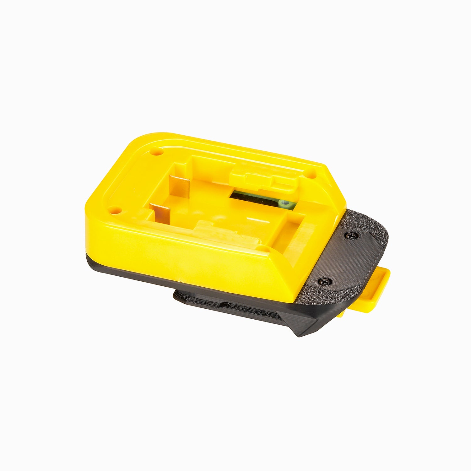 DeWalt 20V MAX to WEN 20V battery adapter - battery-side connection, twin copper terminal blades, rails and locating slot
