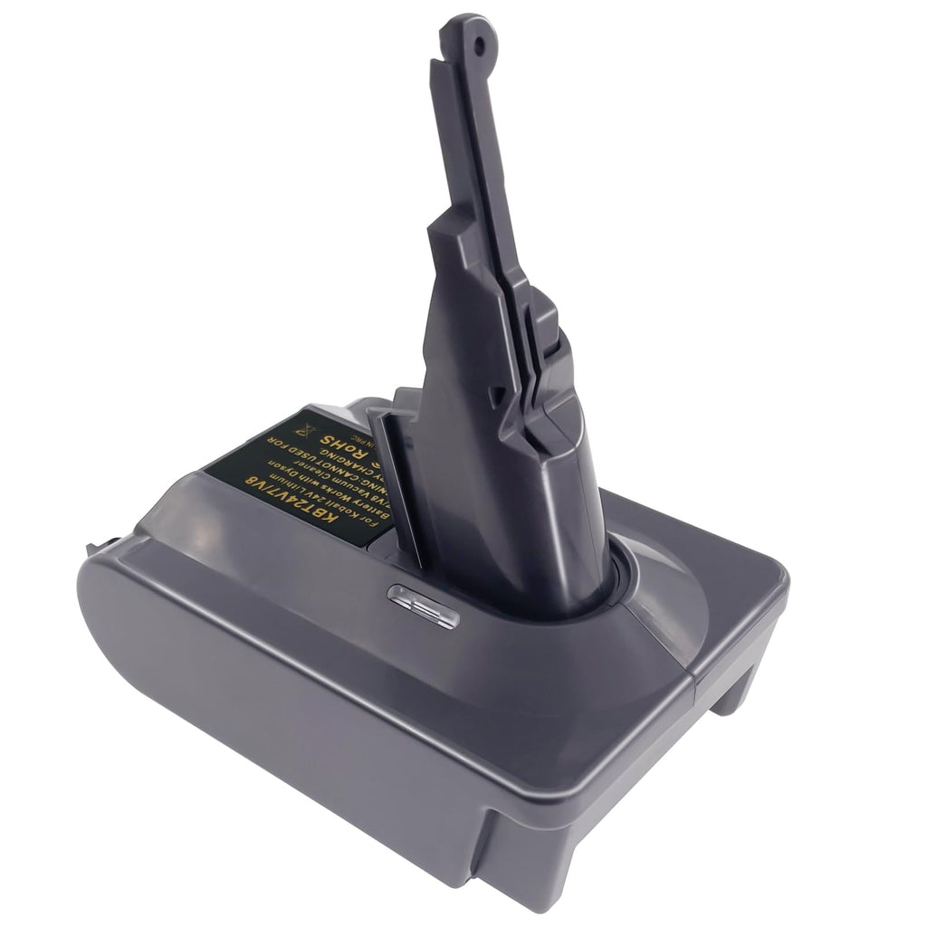 Kobalt 24V to Dyson V8 battery adapter - Dyson tool-side connection, hooked post and the warning label on the body