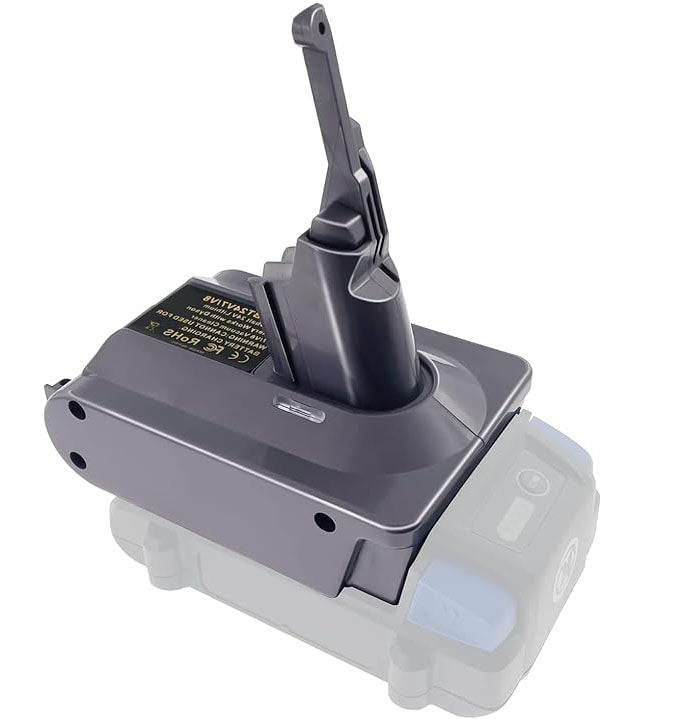 Kobalt 24V to Dyson V8 battery adapter - Dyson tool-side post upward, seated on a battery pack