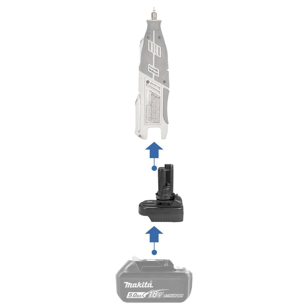 Makita 18V LXT to Dremel 12V 8220/8250 battery adapter - compatibility diagram with cordless rotary tool