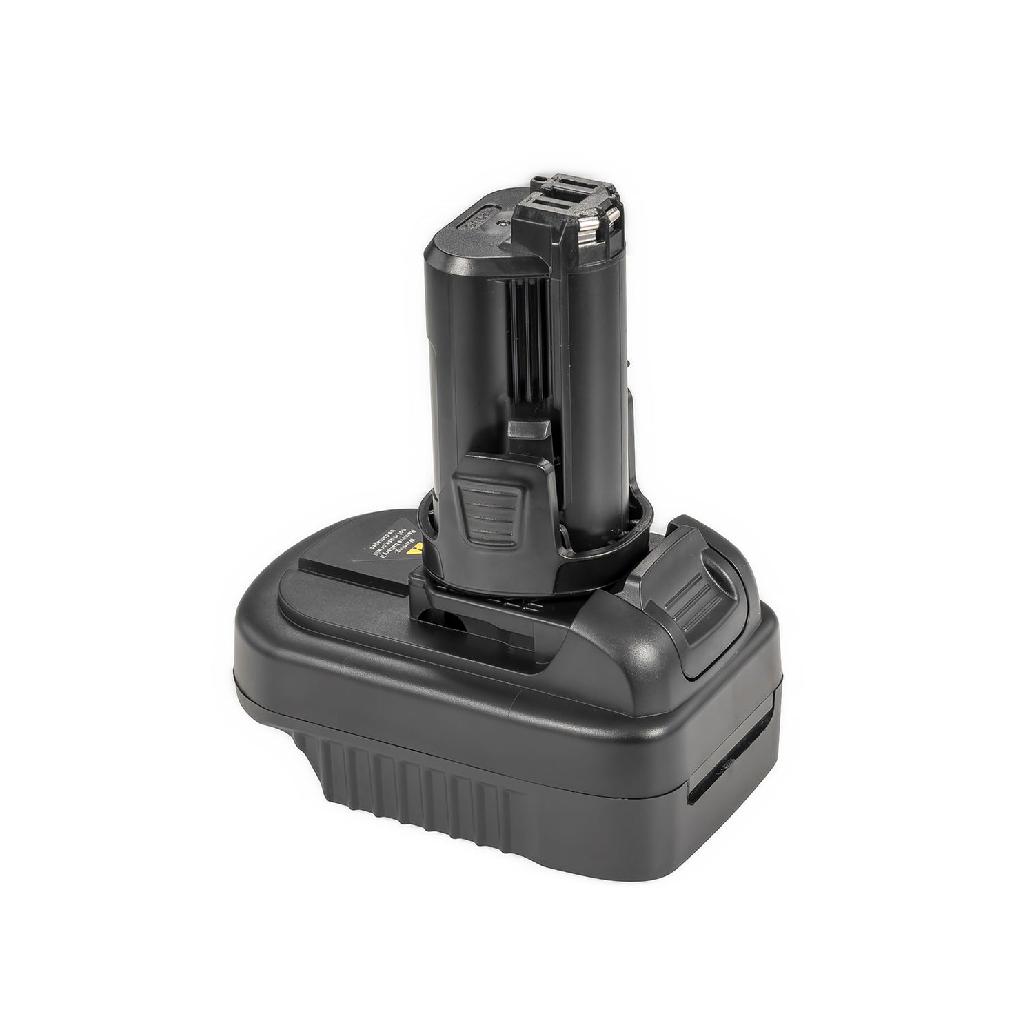 Makita 18V LXT to Dremel 12V 8220/8250 battery adapter - Dremel 12V tool-side post upward, ribbed release button beside it