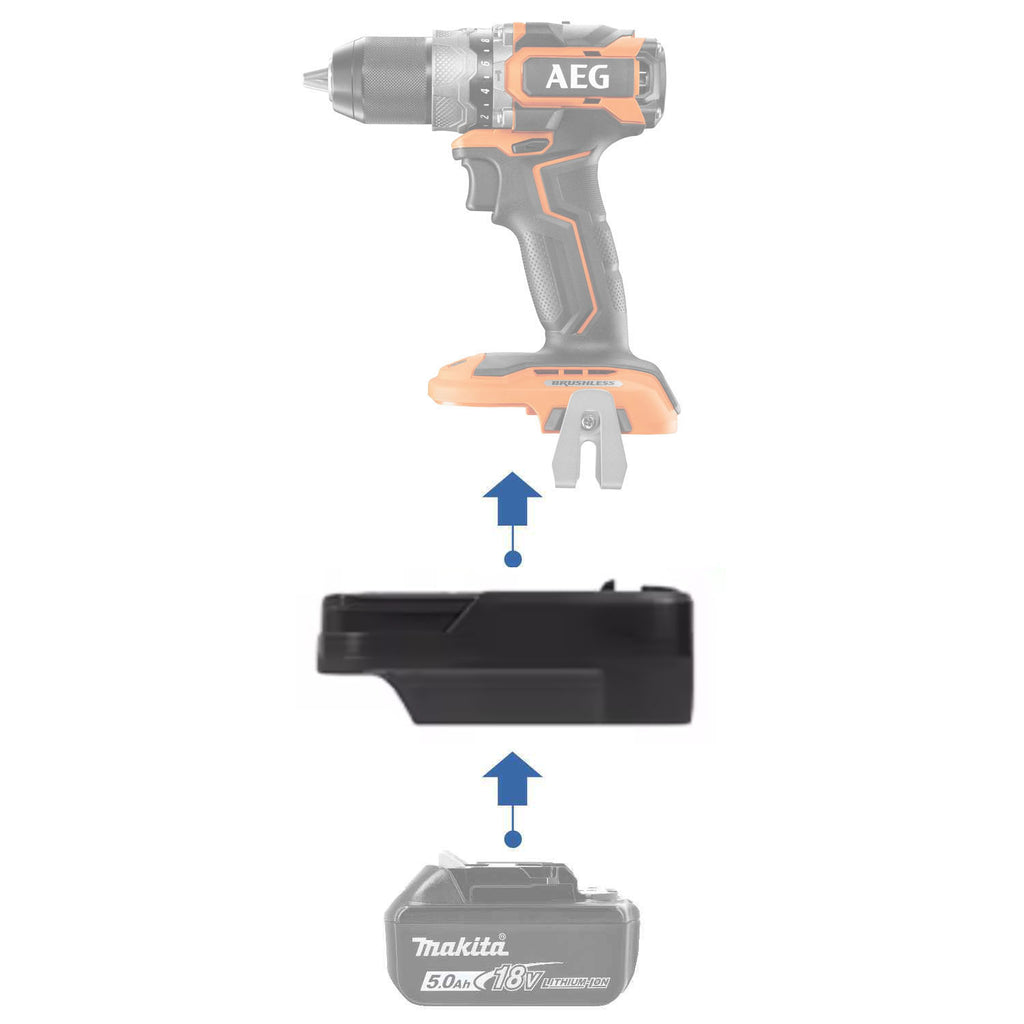 Makita 18V LXT to AEG 18V battery adapter - compatibility diagram showing battery, adapter and cordless drill