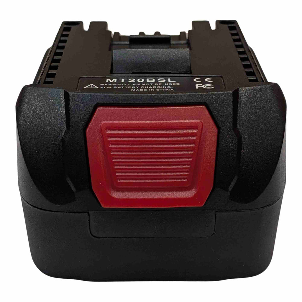 Makita 18V LXT to Bosch 18V GBA (Blue) battery adapter - end view, release button and rating label