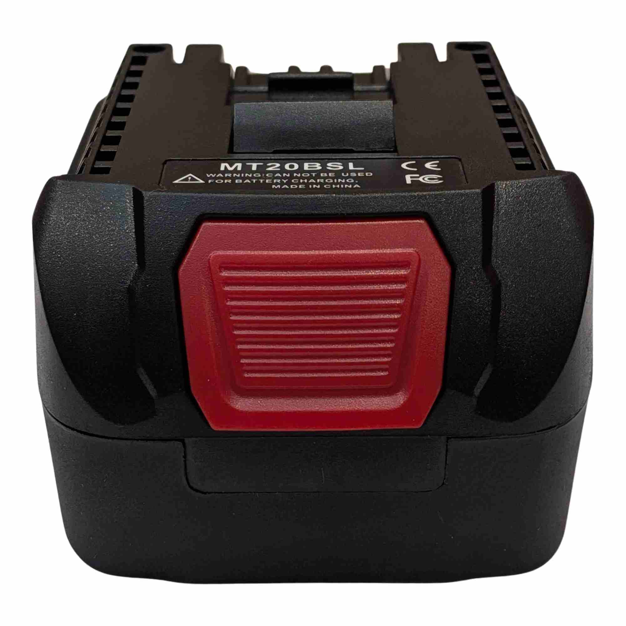 Makita 18V LXT to Bosch 18V GBA (Blue) battery adapter - end view, release button and rating label