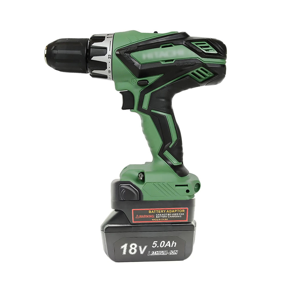 Makita 18V LXT to Hikoki 18V battery adapter - installed on a drill with the battery fitted below