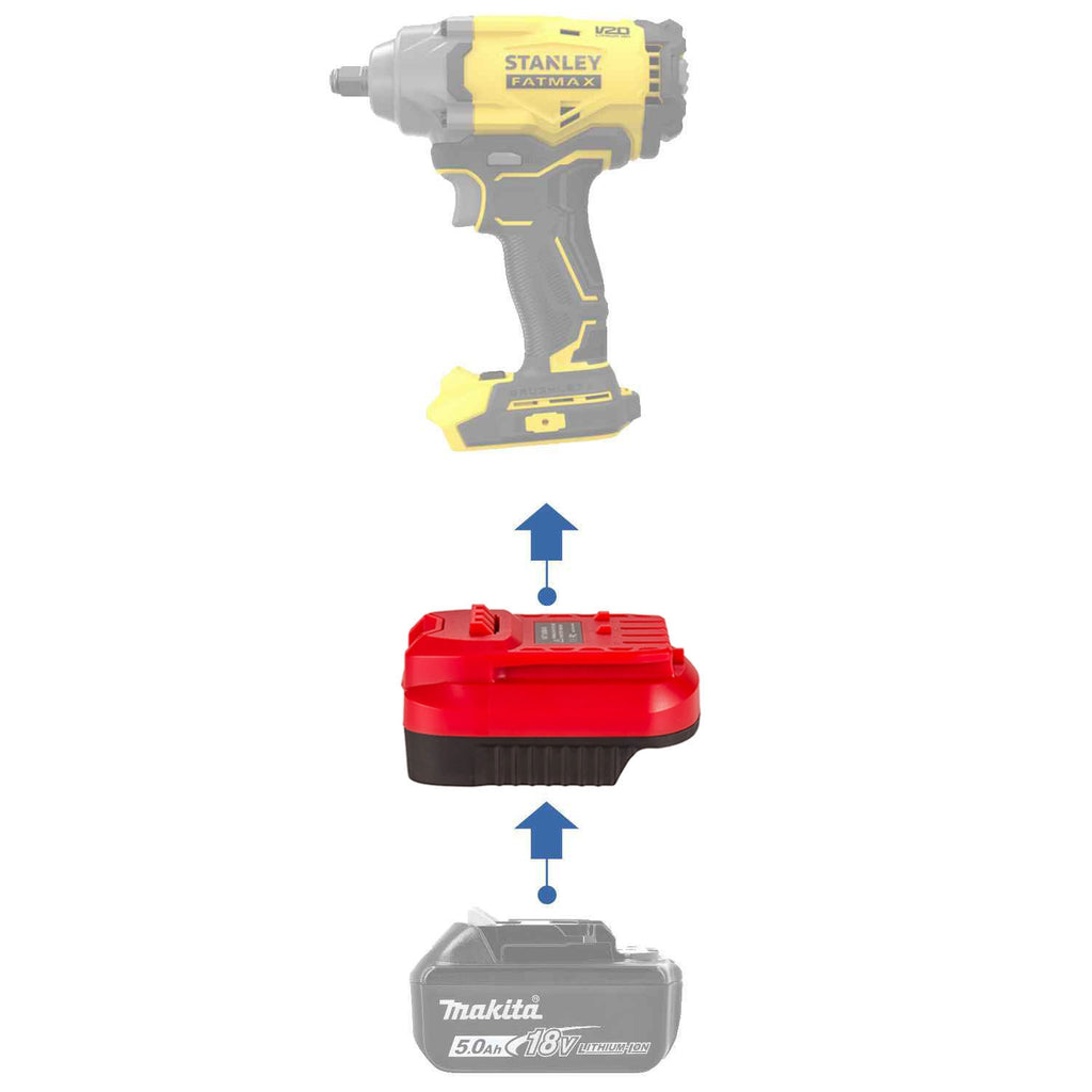 Makita 18V LXT to Stanley V20 battery adapter - compatibility diagram showing battery, adapter and impact wrench