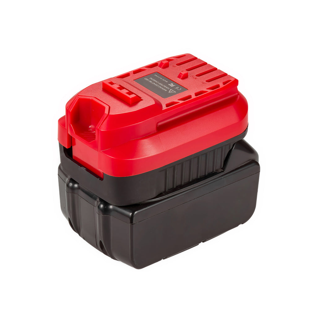 Makita 18V LXT to Stanley V20 battery adapter - tool-side connection uppermost, seated on an unbranded battery pack