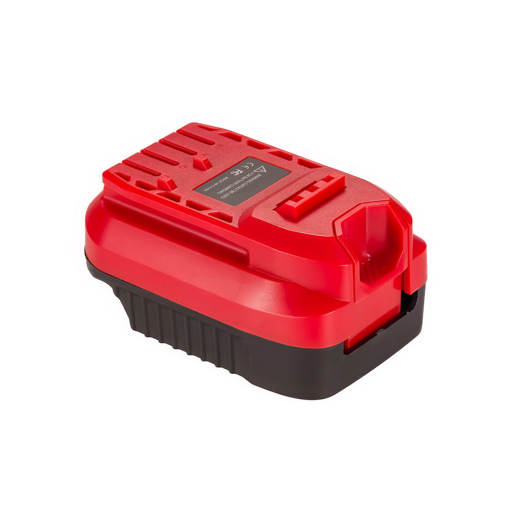 Makita 18V LXT to Stanley V20 battery adapter - red tool-side connection with its keyway and latch, black shell below