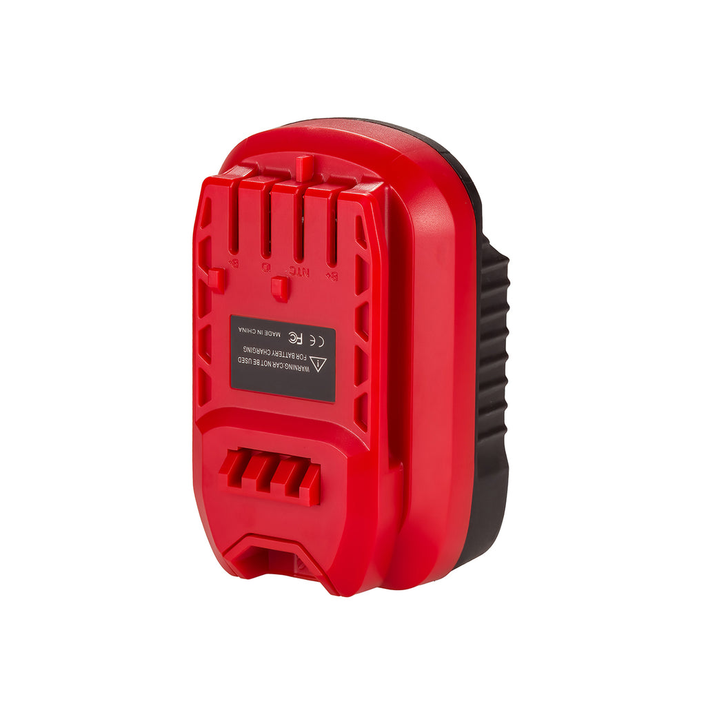 Makita 18V LXT to Stanley V20 battery adapter - red tool-side connection with moulded terminal legends