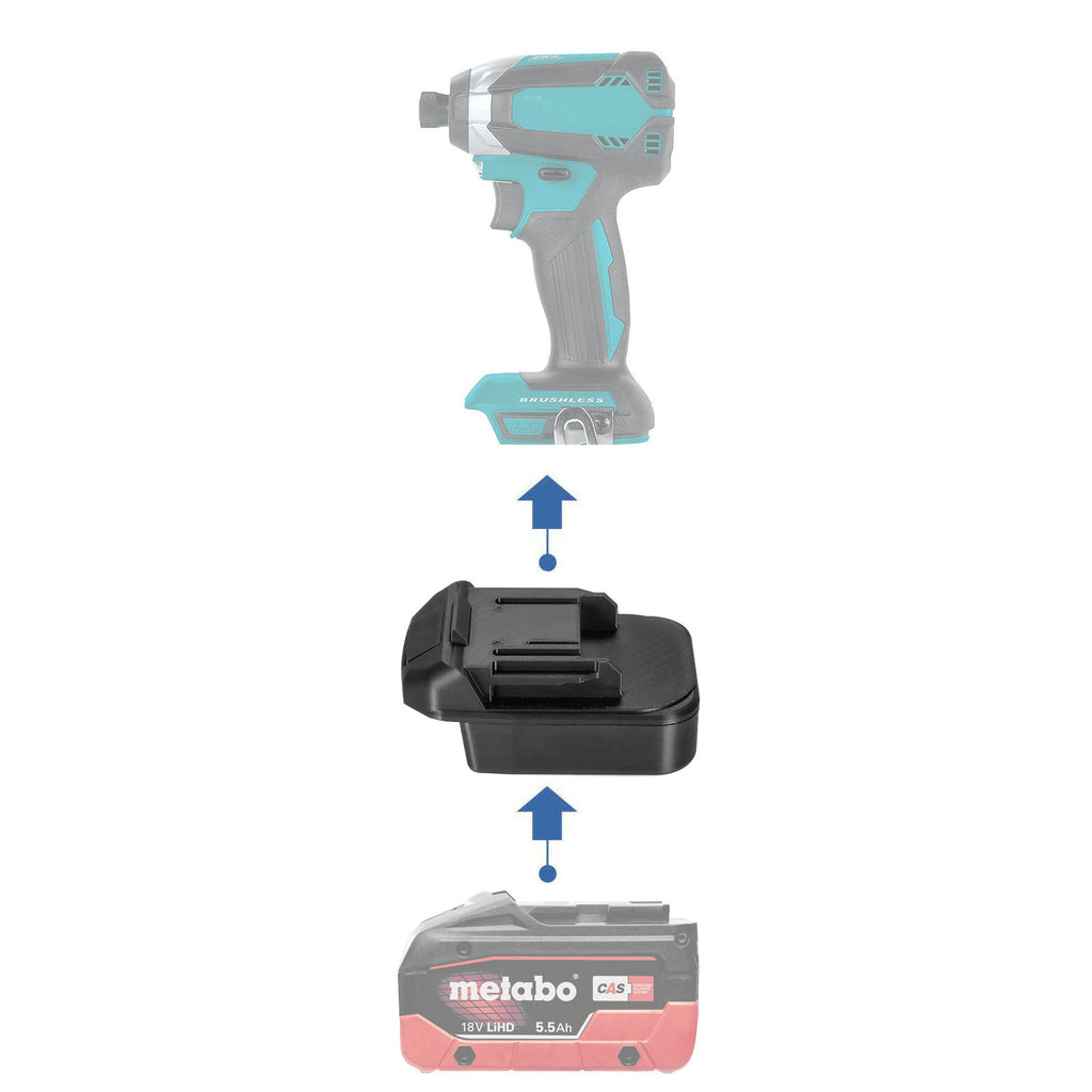 Metabo CAS 18V to Makita 18V LXT battery adapter - compatibility diagram showing battery, adapter and impact driver