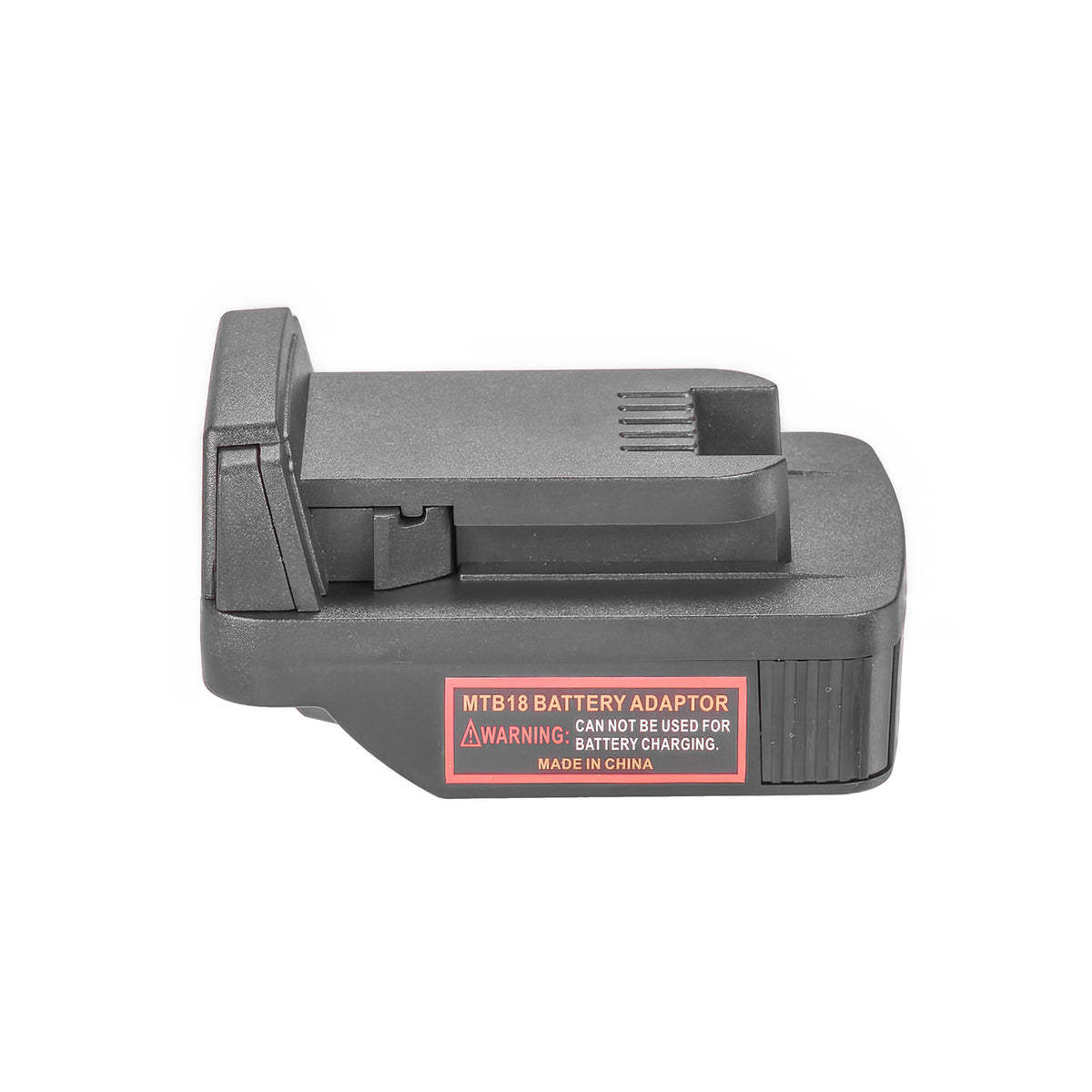 Metabo CAS 18V to Milwaukee M18 battery adapter - Milwaukee tool-side connection in profile, terminal slots, warning label