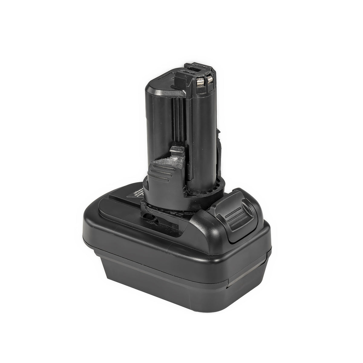 Milwaukee M18 to Bosch 12V battery adapter - tool-side stem above the body, ribbed release catch at the side