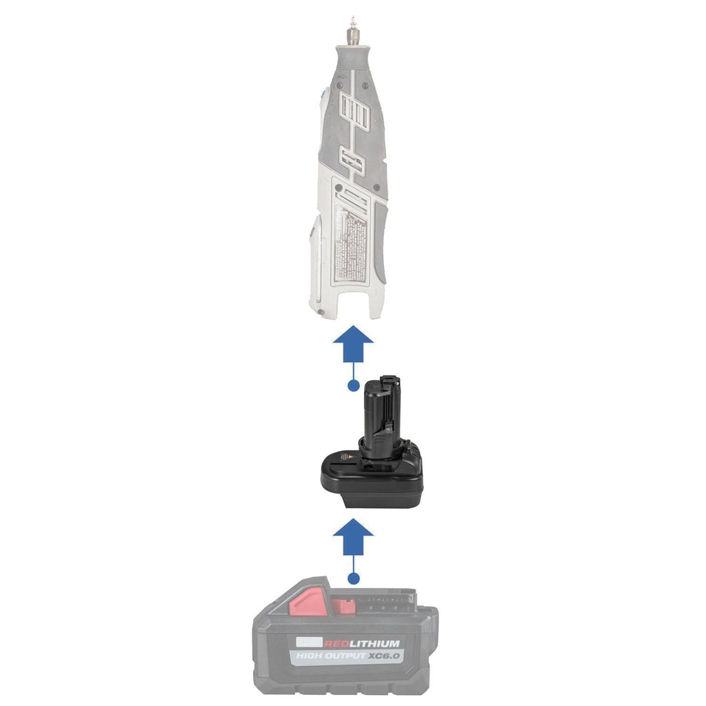 Milwaukee M18 to Dremel 12V 8220/8250 battery adapter - compatibility diagram with cordless rotary tool