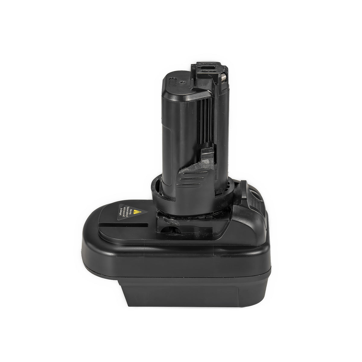 Milwaukee M18 to Dremel 12V 8220/8250 battery adapter - front view, tool-side stem centred above the body